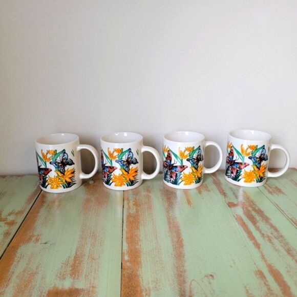 Vintage Butterfly & Flora Panstone Tropical Ceramic Set of 4 Coffee Mugs - Picture 5 of 15